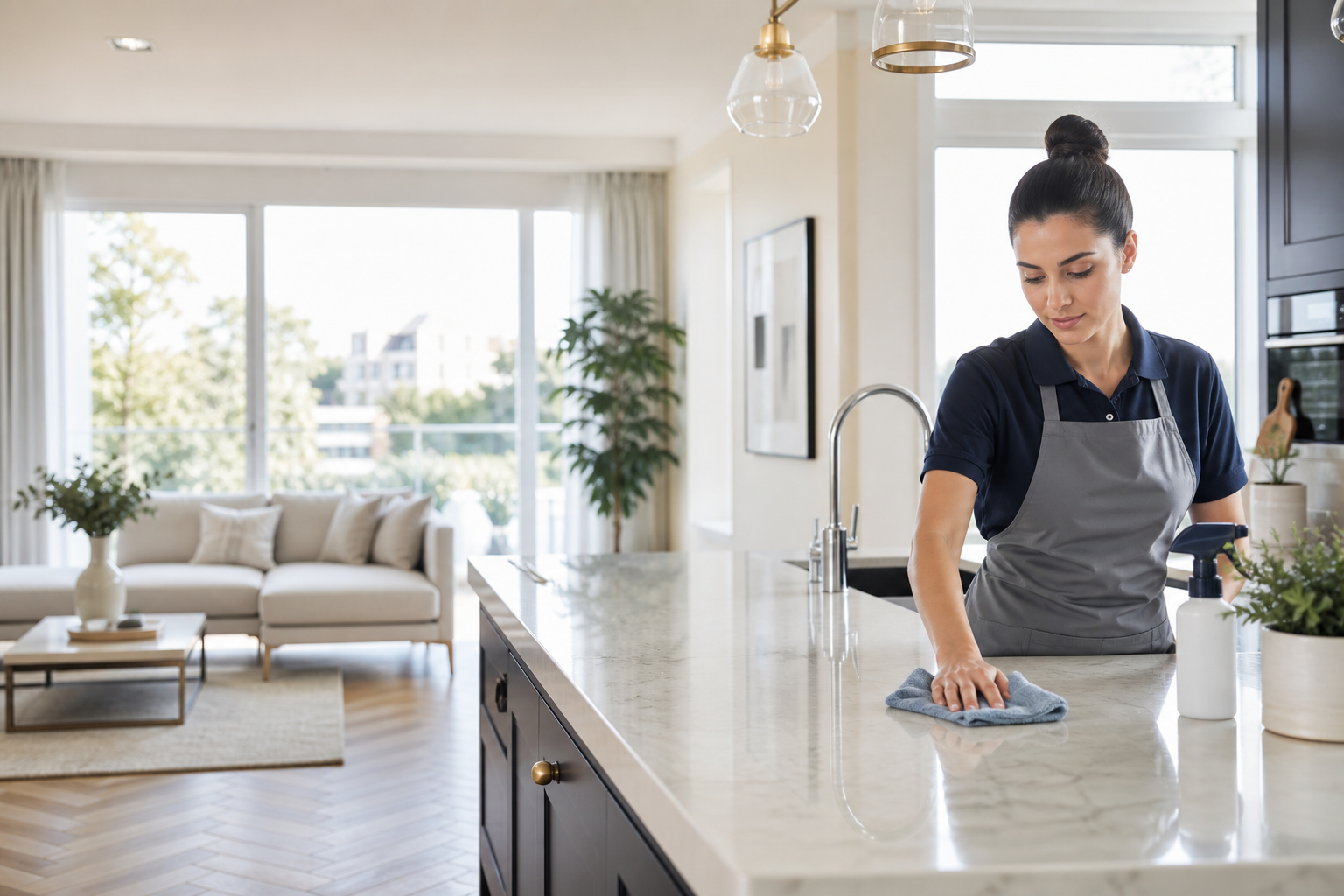 A professional cleaner working in a bright home interior.